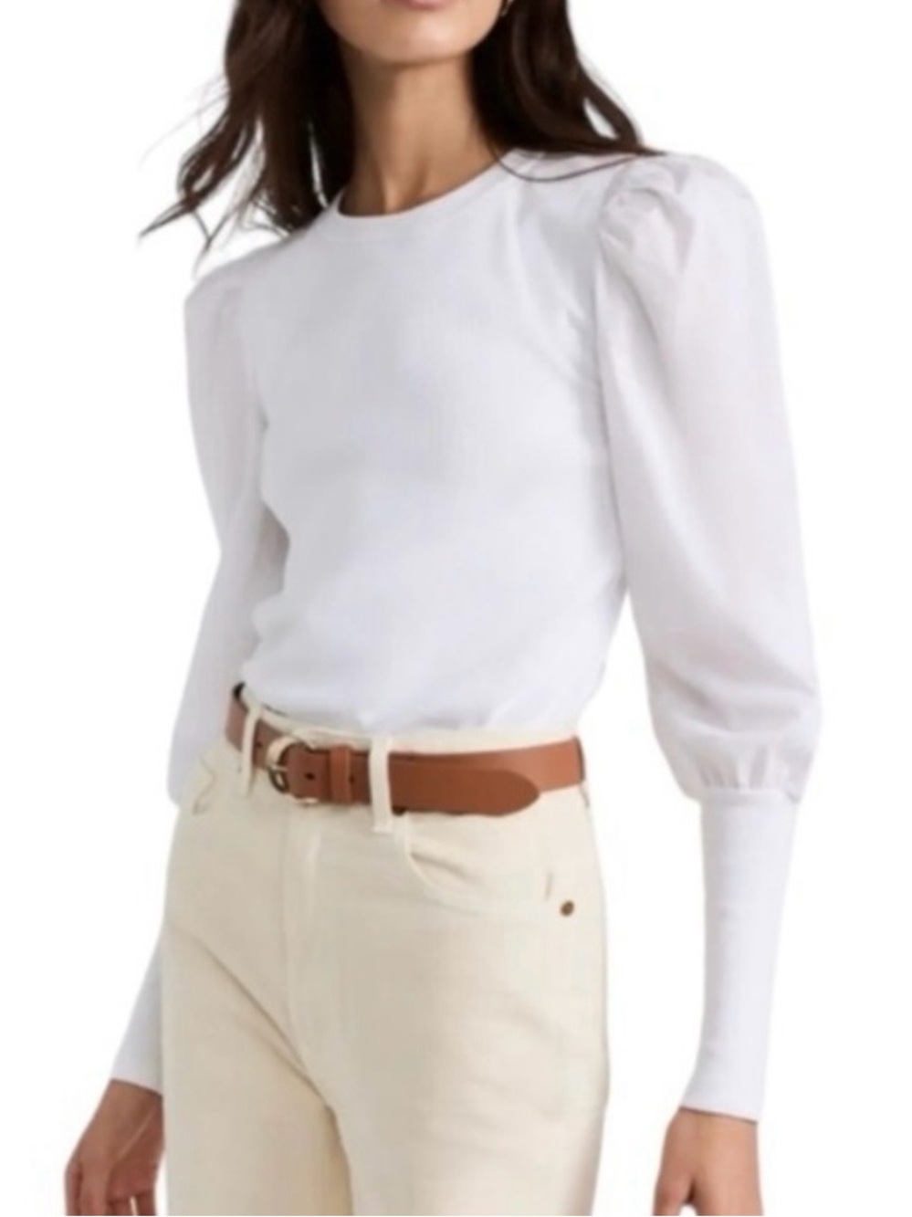 Veronica Beard White Puff-Shoulder Long Sleeve Tee with Crew Neck